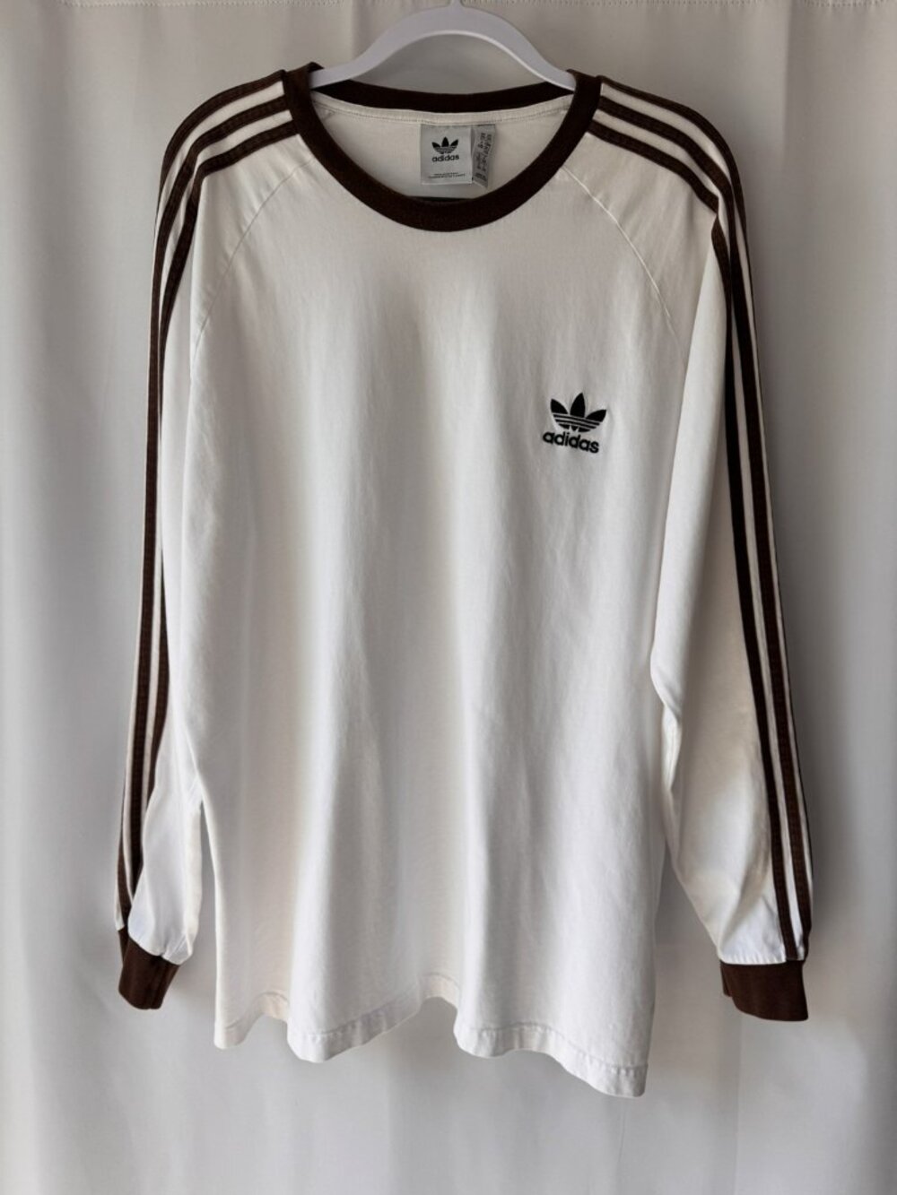 adidas Originals Mens Long Sleeve T-Shirt 2XL White Brown 3-Stripes Crew Neck